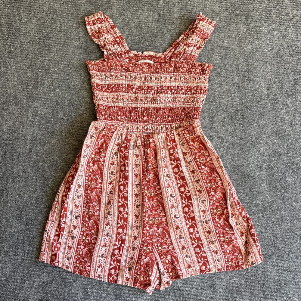 American Eagle Women XS Red Floral Smocked Boho Romper Ruffle Straps Sleeveless - Picture 1 of 6